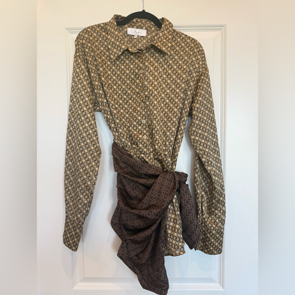 L’Academie The Kamille Mini Dress in Tan & Brown Chain Size Medium
